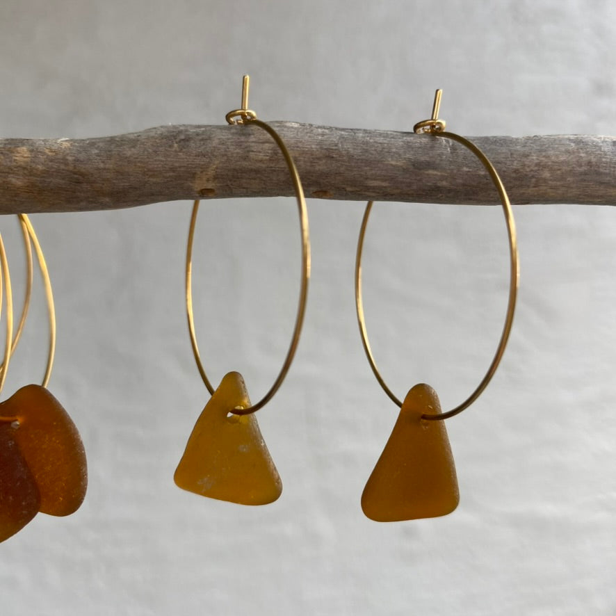 Brown Triangle Sea Glass Earrings on Gold PVD Thin Hoops
