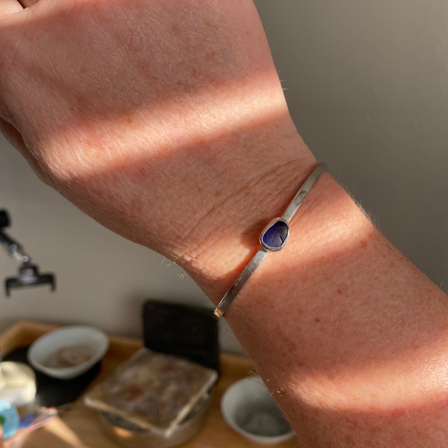 Cobalt Blue Sea Glass Cuff  Bracelet