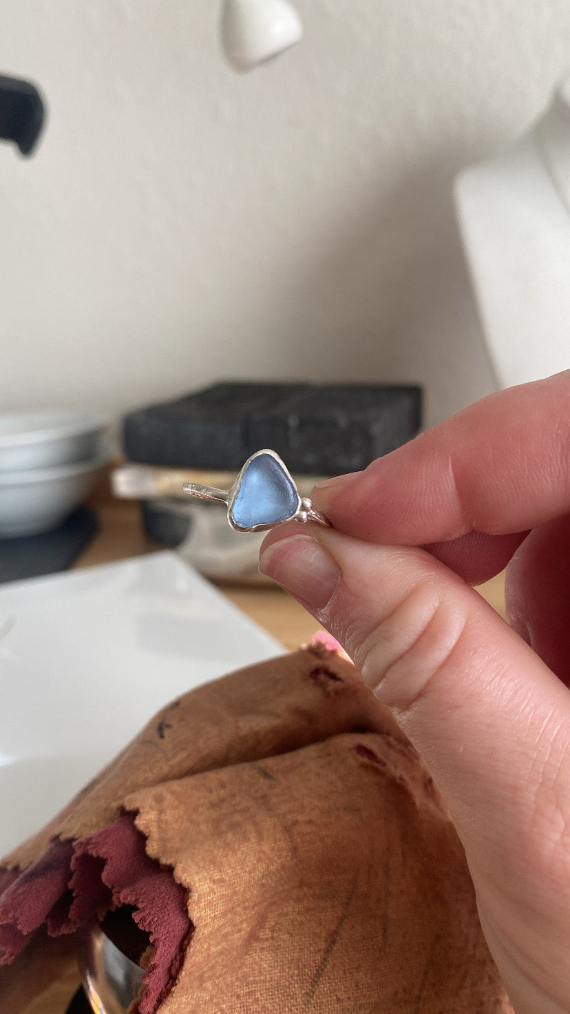 Cornflower Blue Sea Glass Bezel Ring – Sterling Silver (Size 9)
