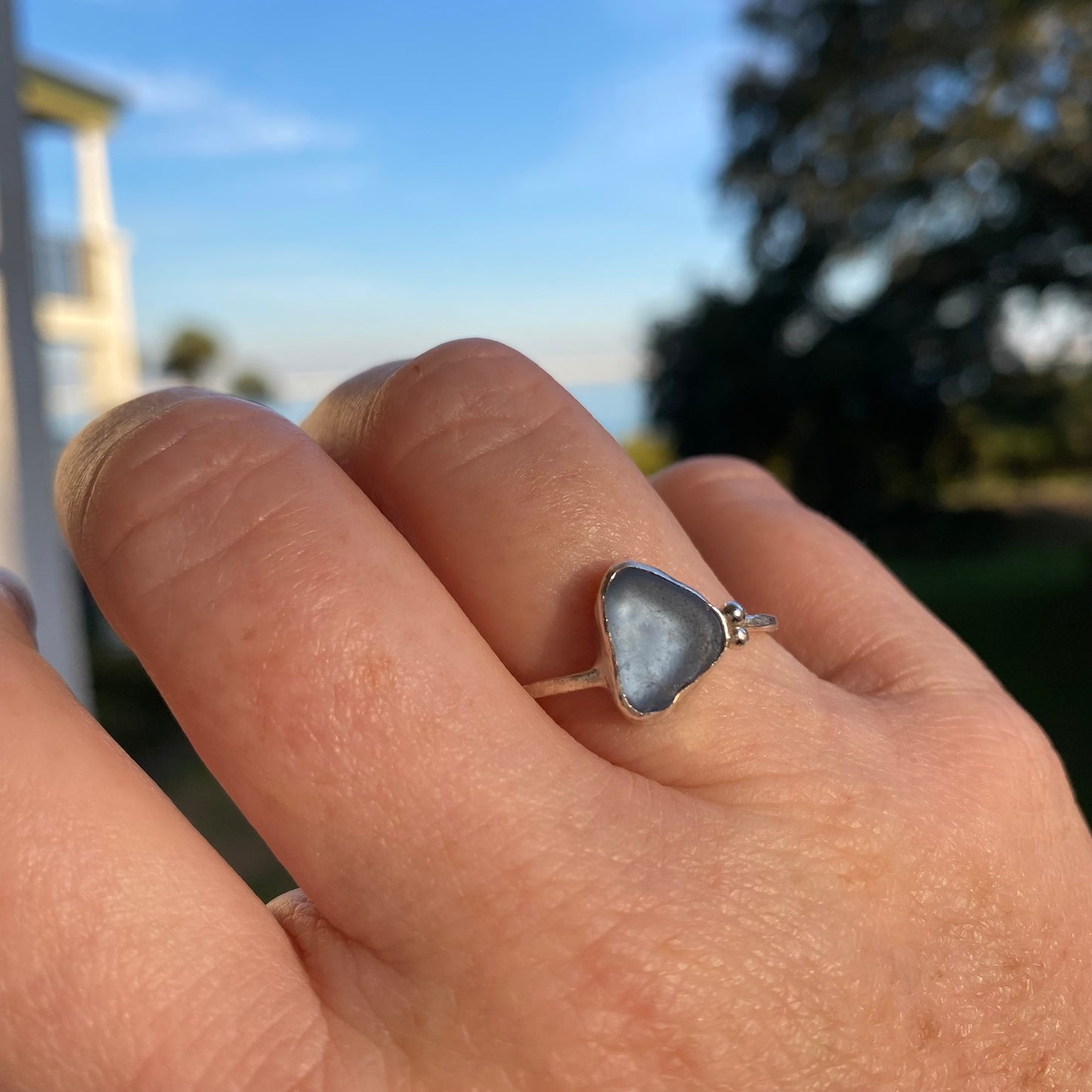 Cornflower Blue Sea Glass Bezel Ring – Sterling Silver (Size 9)