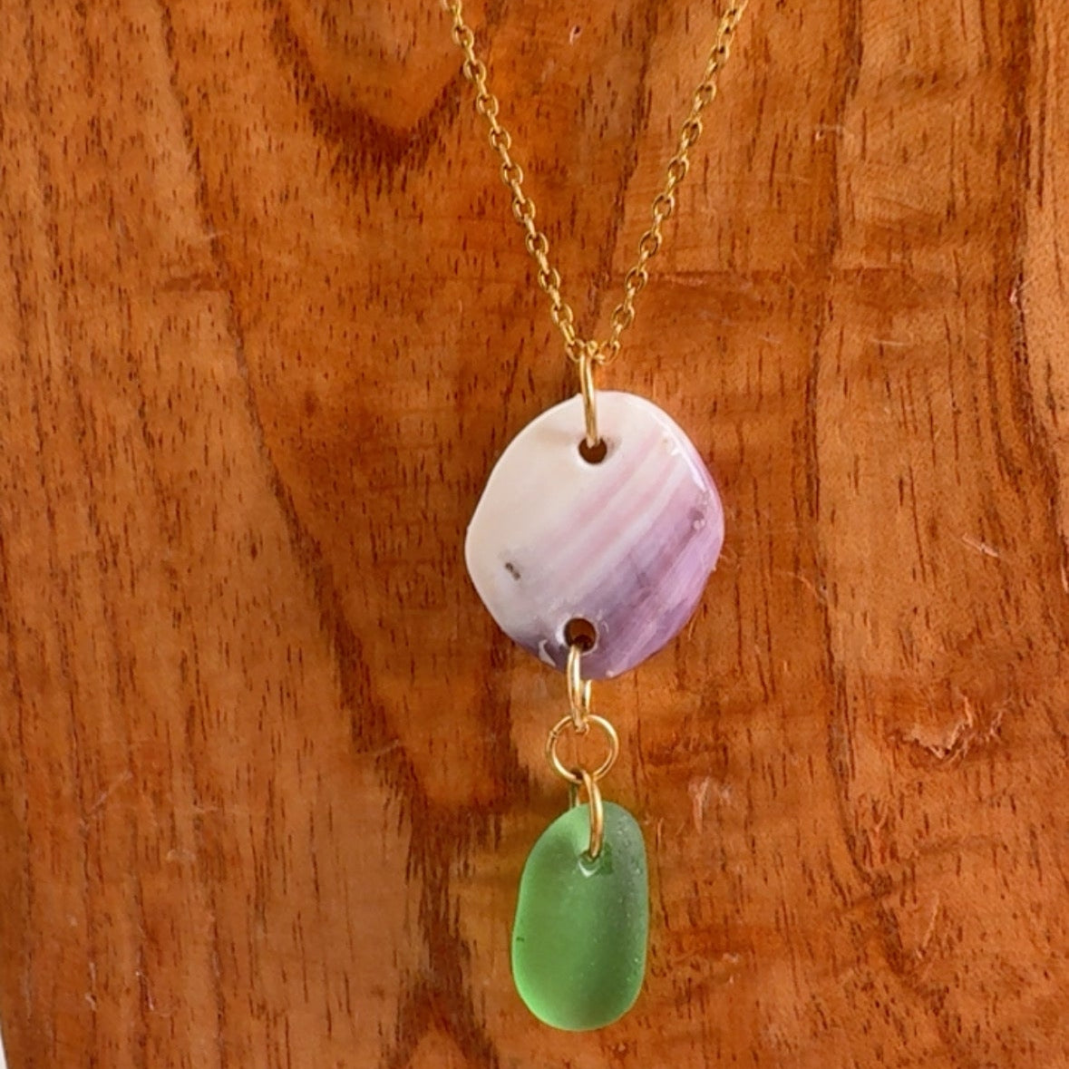 18K Gold PVD Sea Glass & Wampum Shell Chain Necklace