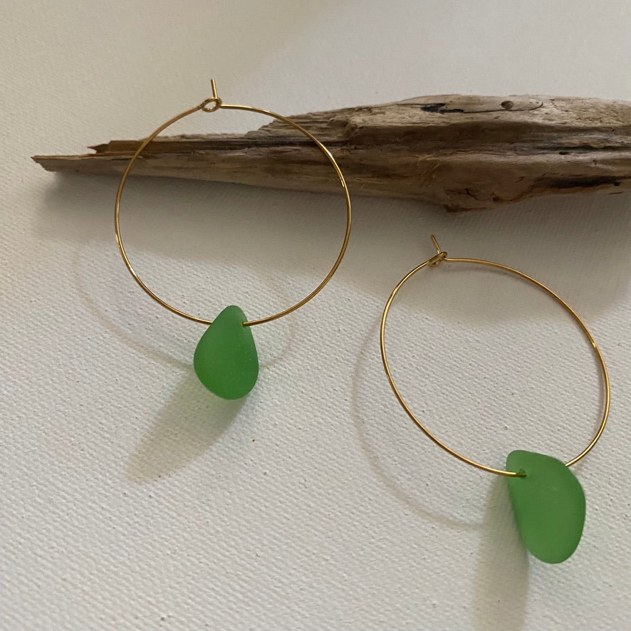 Kelly Green Sea Glass Earrings on Gold PVD Thin Hoops 3