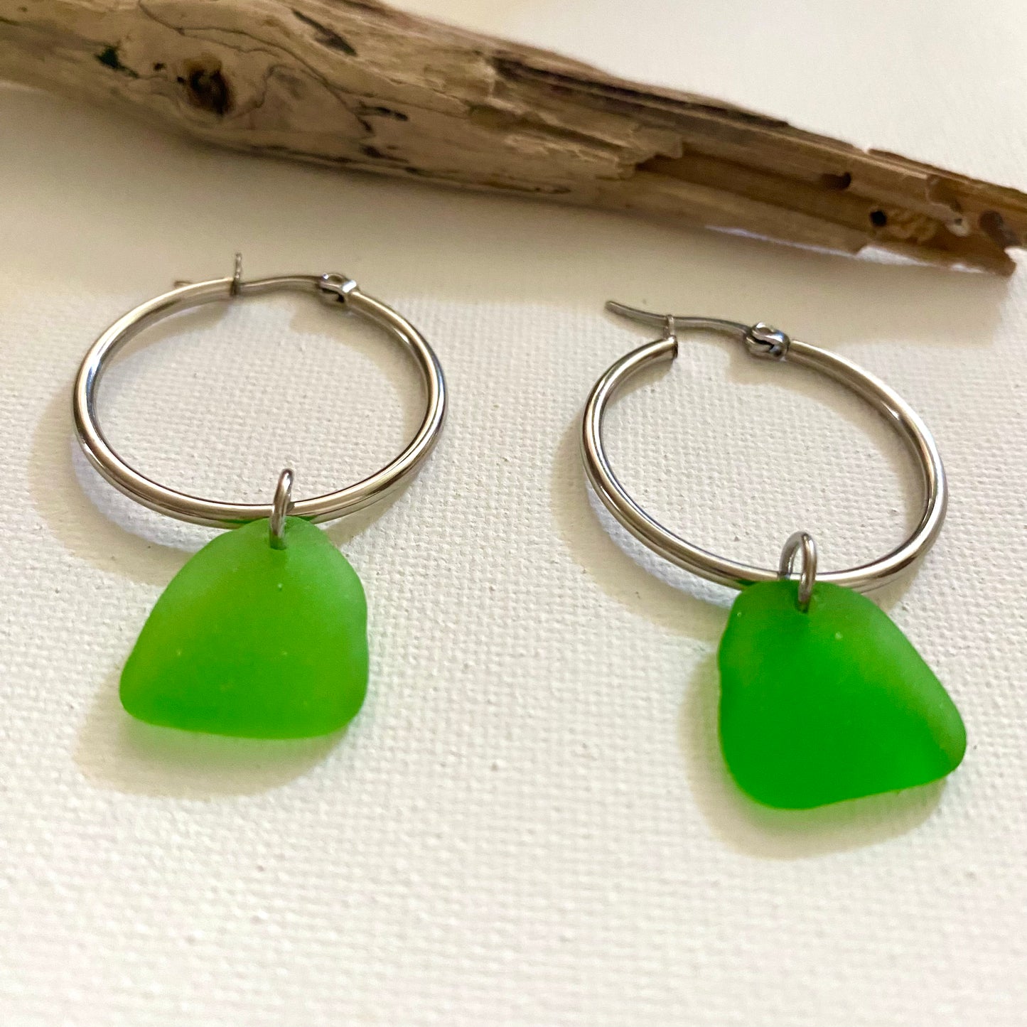 Kelly Green Sea Glass Earrings on Silver Stainless Steel Hoops