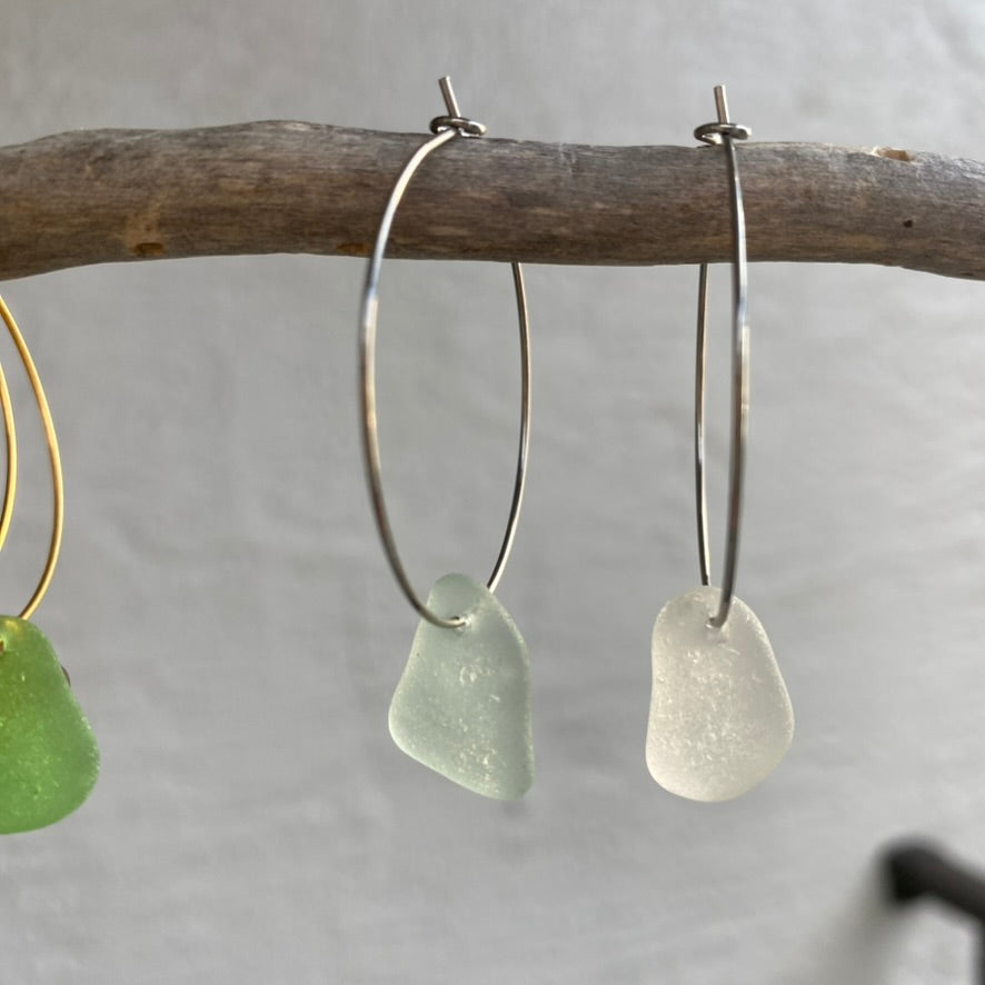 Clear & Sea Foam Sea Glass Earrings on Silver Stainless Steel Hoops
