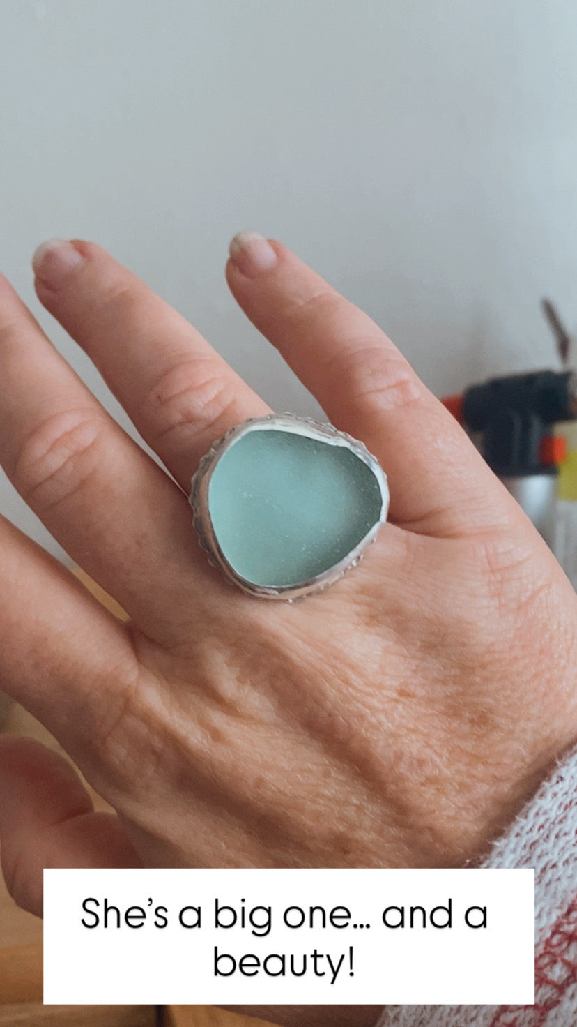 Sea Foam Sea Glass Statement Ring – Sterling Silver (Size 9)