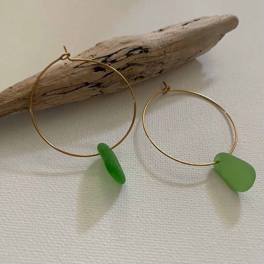 Kelly Green Sea Glass Earrings on Gold PVD Thin Hoops 4