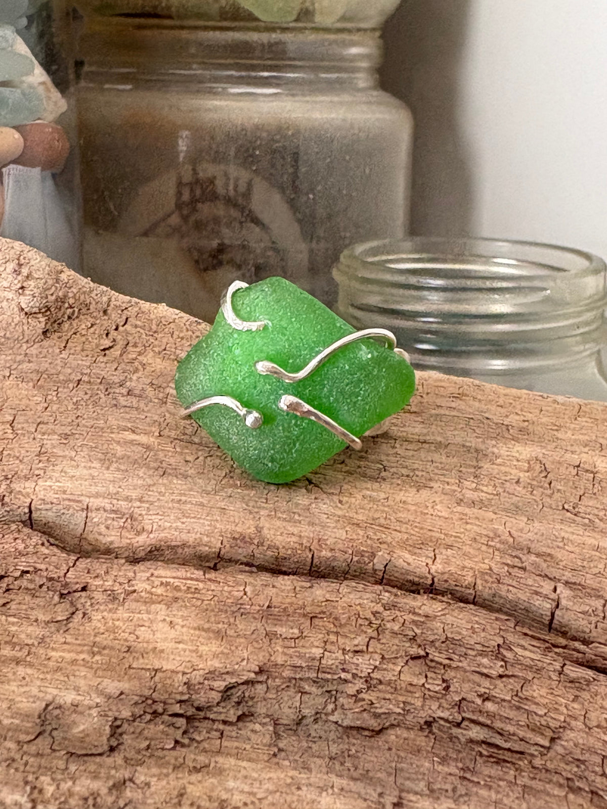 Kelly Green Sea Glass Sterling Silver Cuff Ring
