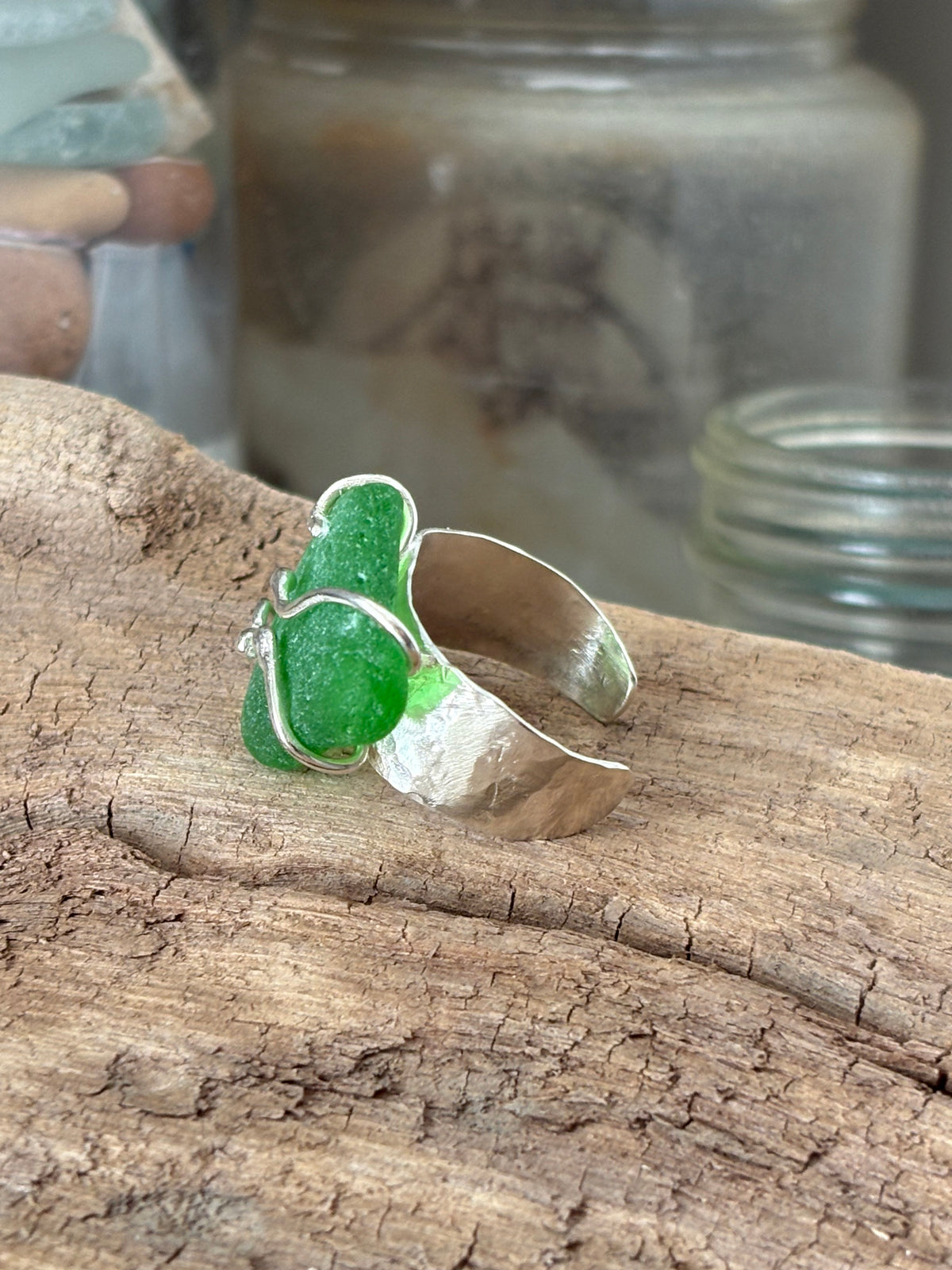 Kelly Green Sea Glass Sterling Silver Cuff Ring