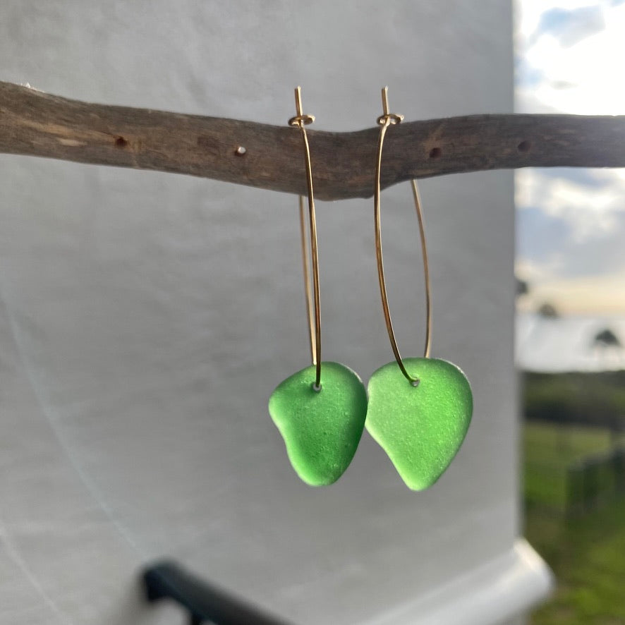 Kelly Green Sea Glass Earrings on Gold PVD Thin Hoops 2