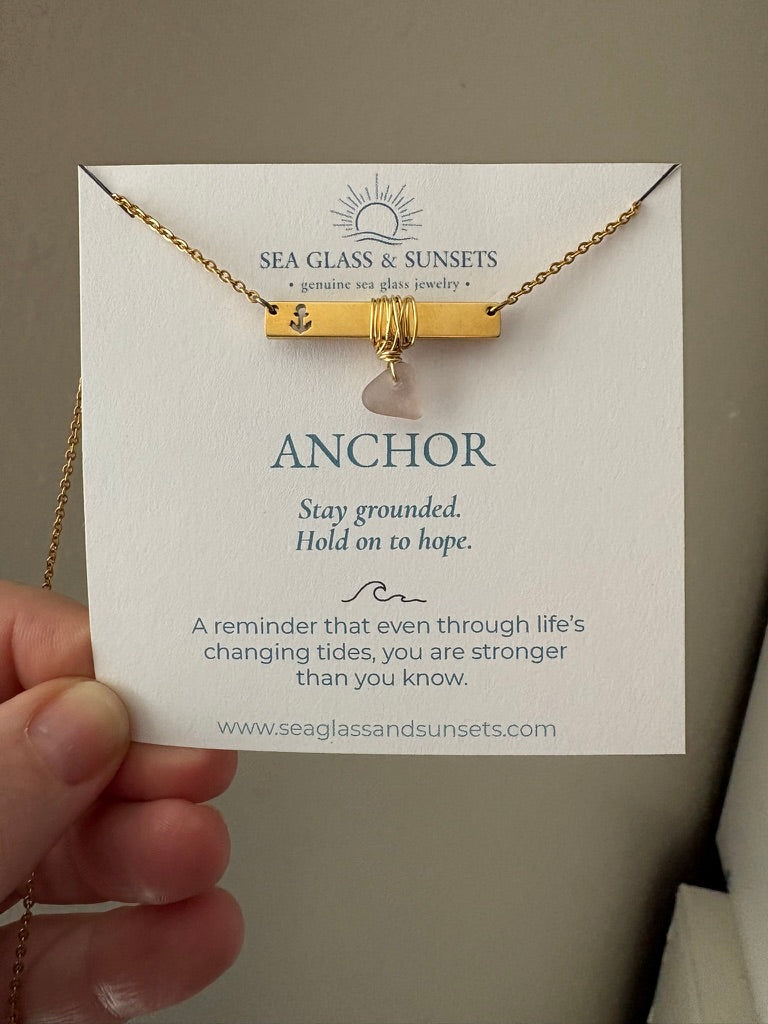 Gold Anchor Bar Necklace with Light Purple Sea Glass
