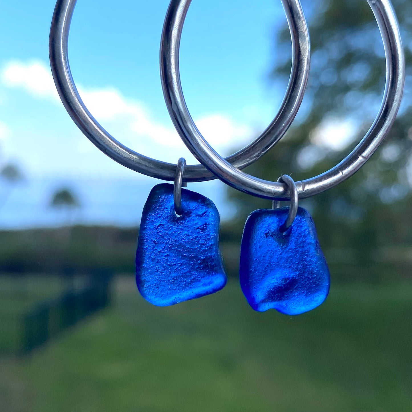 Handmade Sterling Silver Cobalt Blue Sea Glass Dangle Earrings