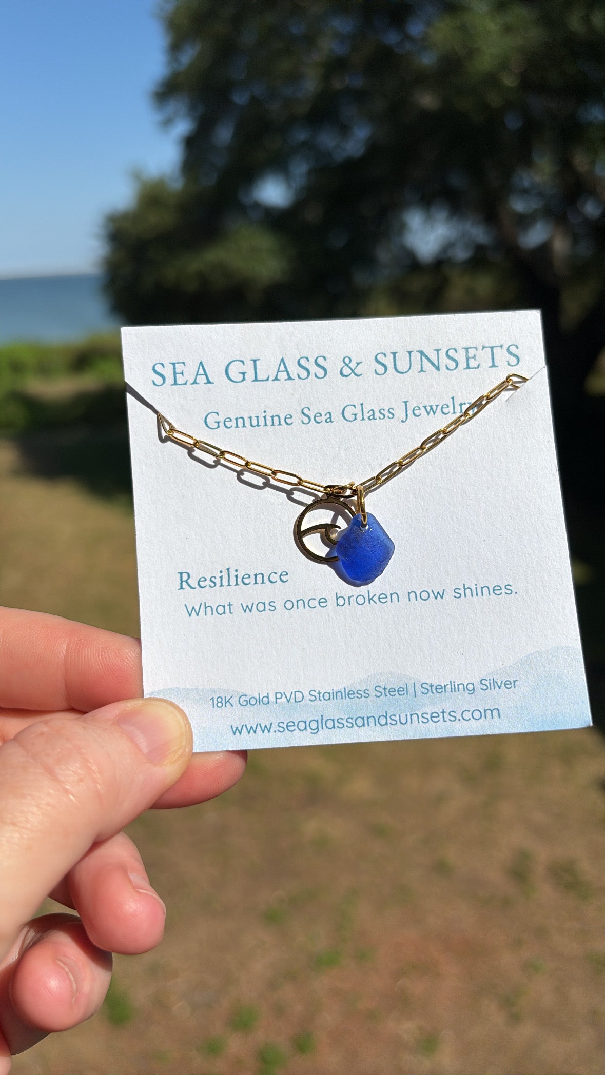 18K Gold PVD cobalt Sea Glass & Wave Paperclip Bracelet