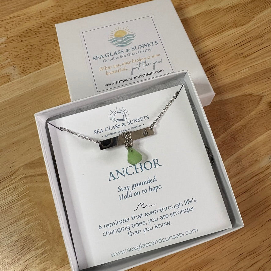Silver Anchor Bar Necklace with Light Green Sea Glass
