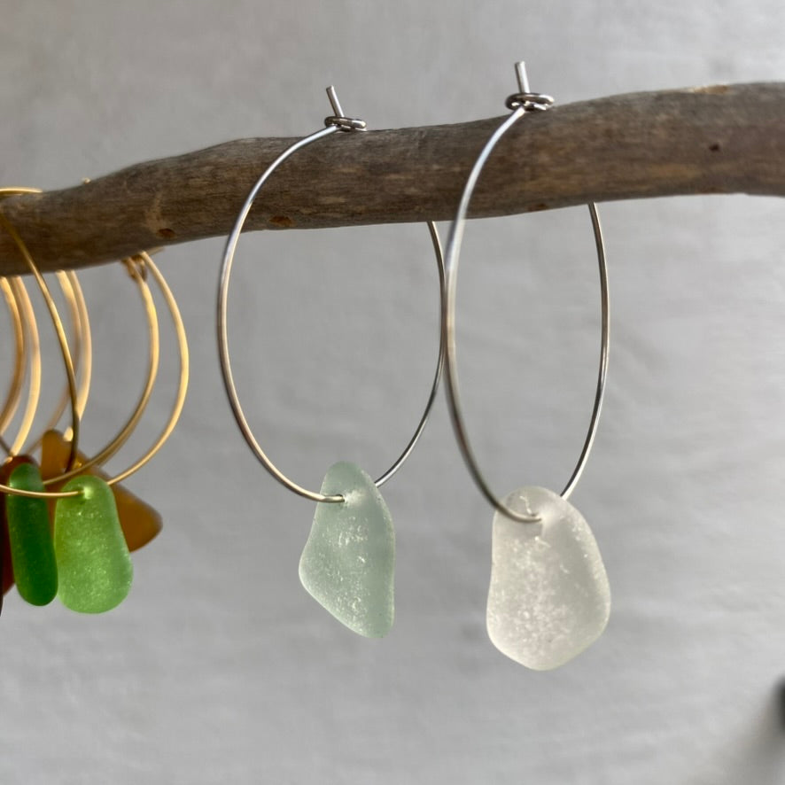 Clear & Sea Foam Sea Glass Earrings on Silver Stainless Steel Hoops