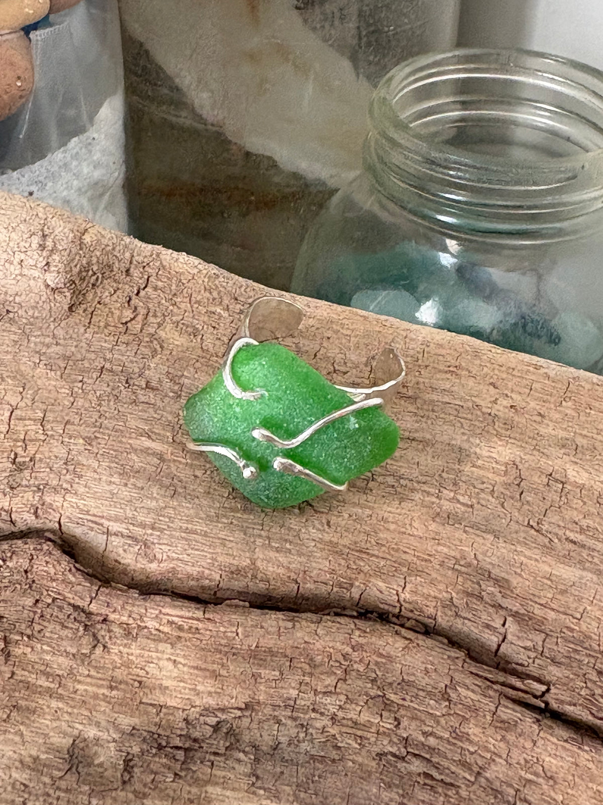 Kelly Green Sea Glass Sterling Silver Cuff Ring
