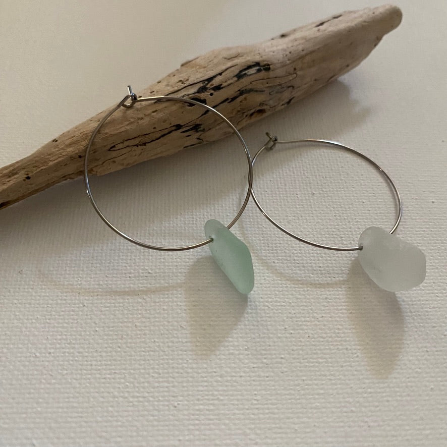 Clear & Sea Foam Sea Glass Earrings on Silver Stainless Steel Hoops