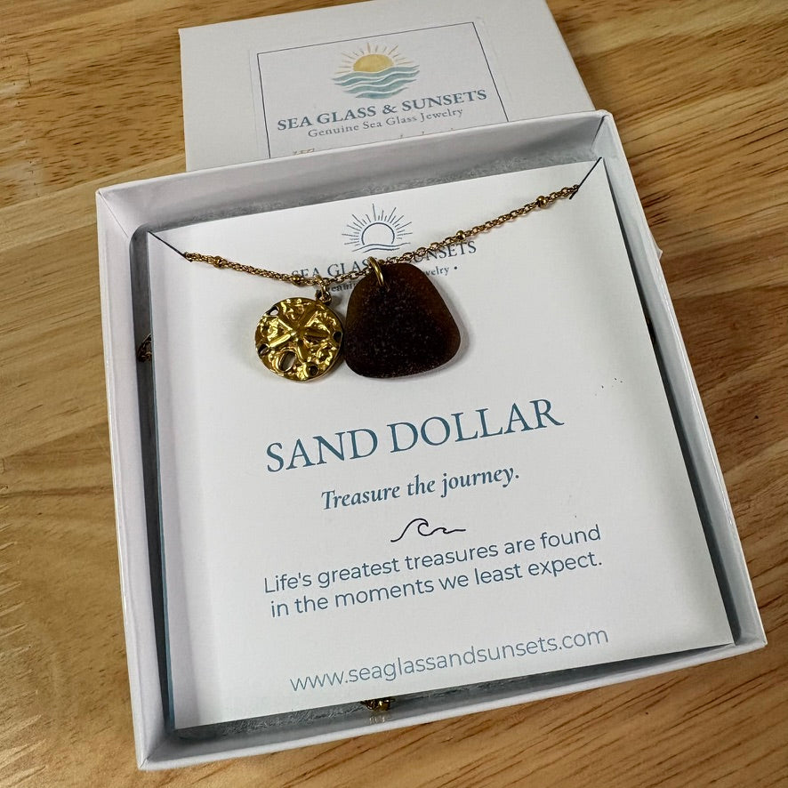 18k Gold Sand Dollar & Brown Sea Glass Saturn Chain Necklace (18”-20")