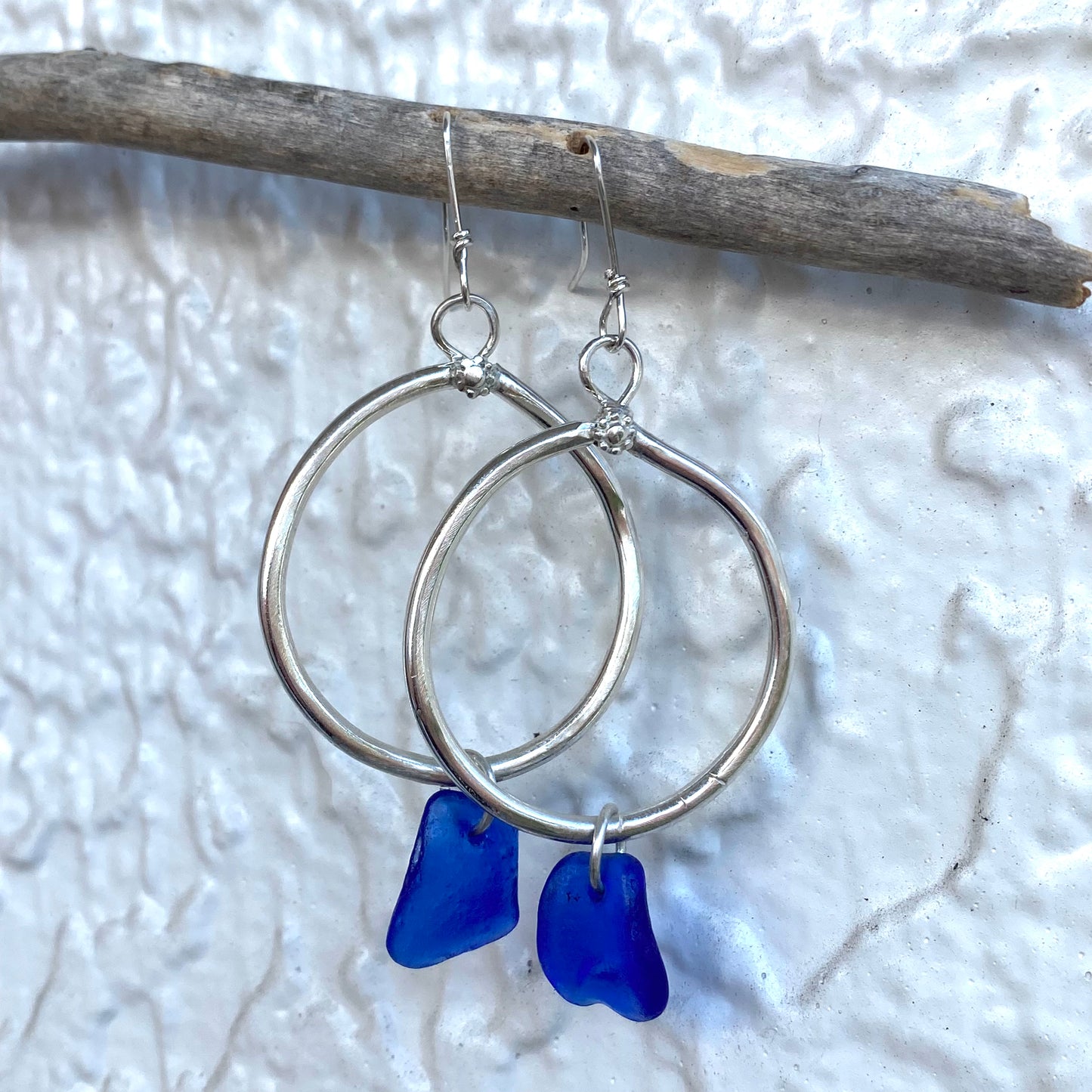 Handmade Sterling Silver Cobalt Blue Sea Glass Dangle Earrings