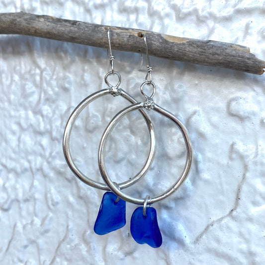 Handmade Sterling Silver Cobalt Blue Sea Glass Dangle Earrings