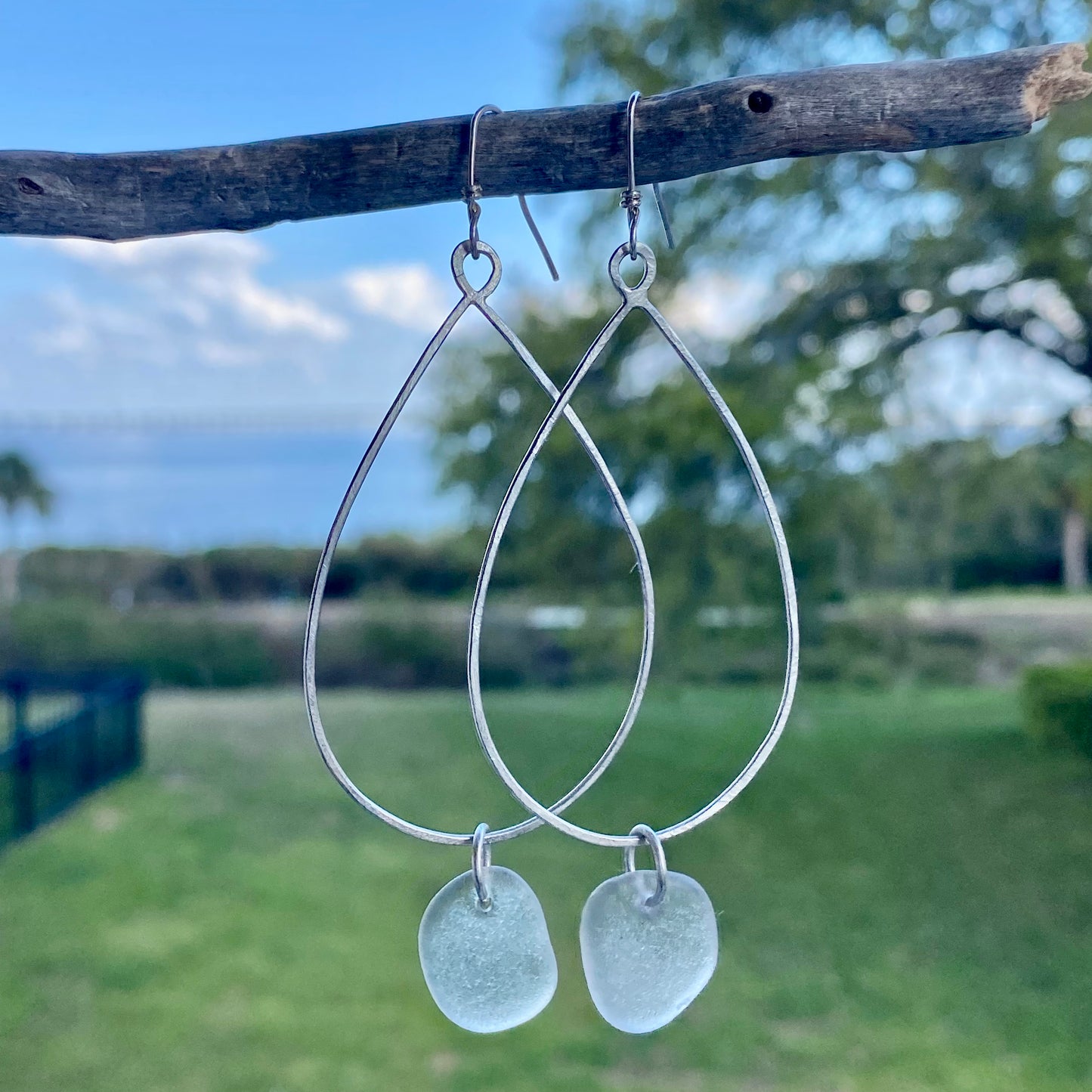 Handmade Clear Sea Glass Dangle Earrings