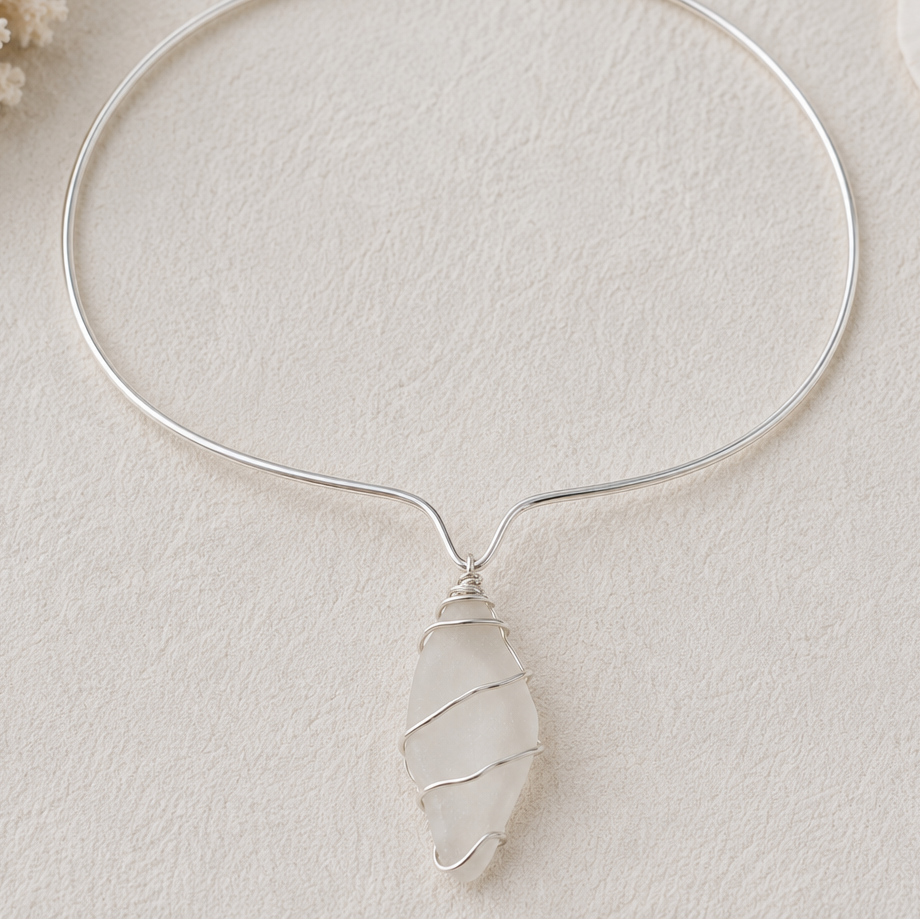 Sea to Shining Sea | Clear Sea Glass Sterling Silver Wire Wrapped Collar Necklace