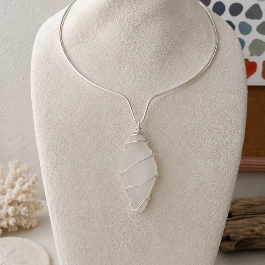 Sea to Shining Sea | Clear Sea Glass Sterling Silver Wire Wrapped Collar Necklace