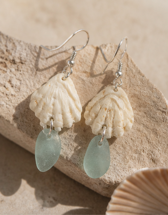 Genuine Sea Glass & Kitten Paw Shell Earrings – Sterling Silver Coastal Beach Jewelry
