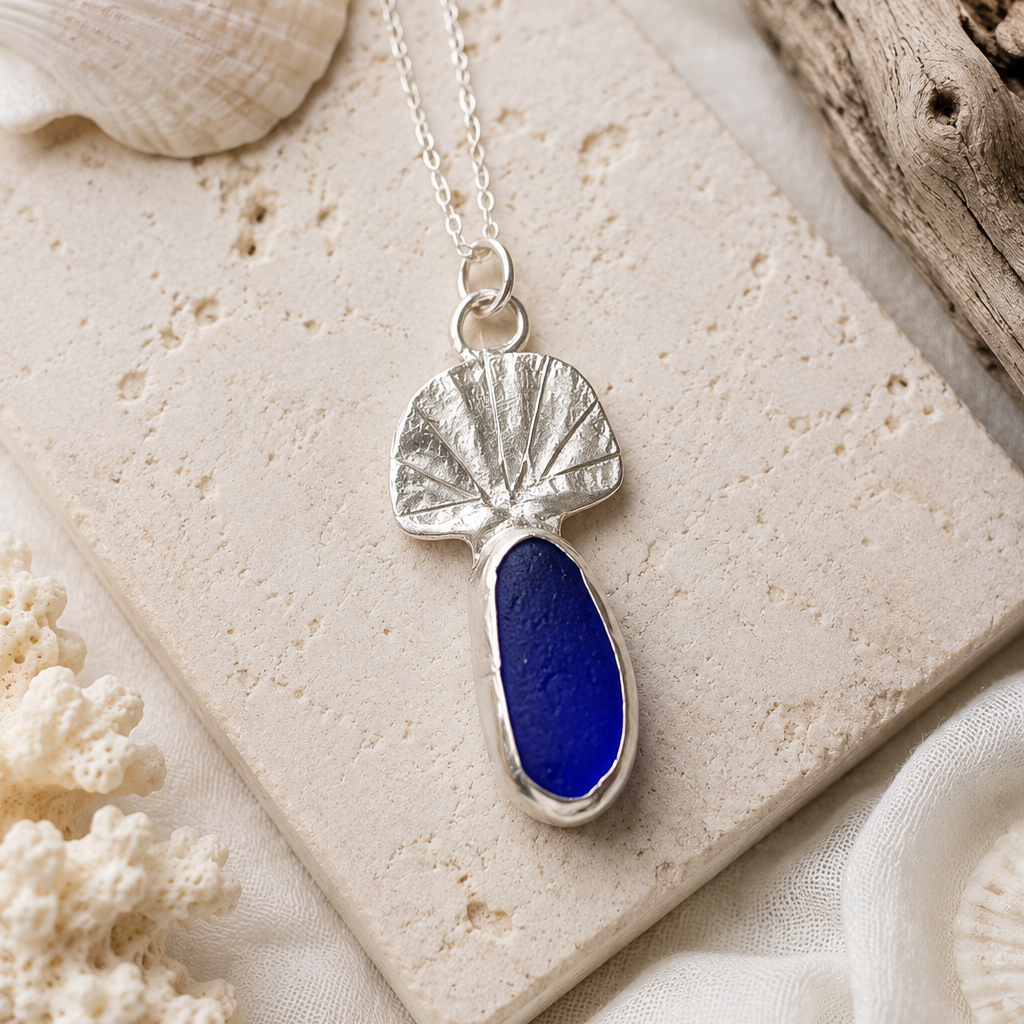 Sea to Shining Sea | Cobalt Blue Sea Glass Fan Shell Necklace