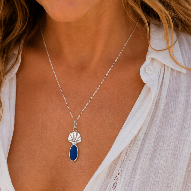 Sea to Shining Sea | Cobalt Blue Sea Glass Fan Shell Necklace