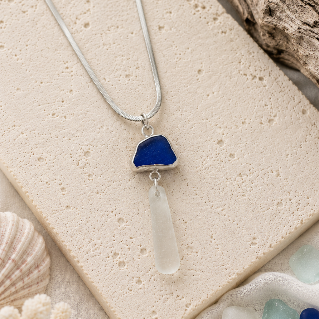 Sea to Shining Sea | Cobalt Blue & White Sea Glass Sterling Silver Statement Necklace