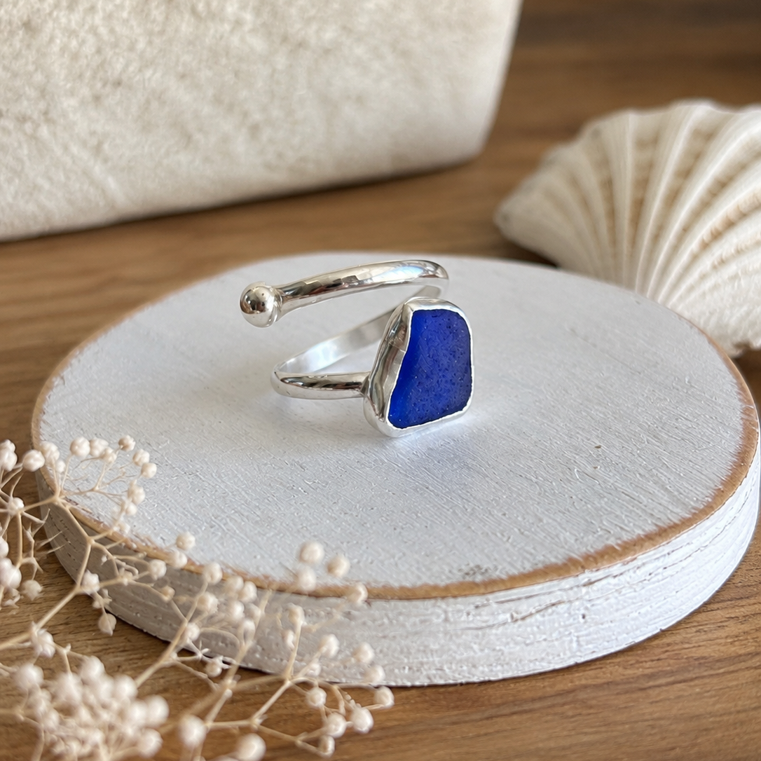 Cobalt Blue Sea Glass Adjustable Ring | Sterling Silver | Genuine Sea Glass