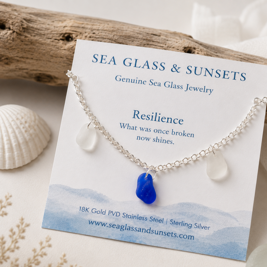Sterling Silver Sea Glass Anklet — Cobalt & Clear #2