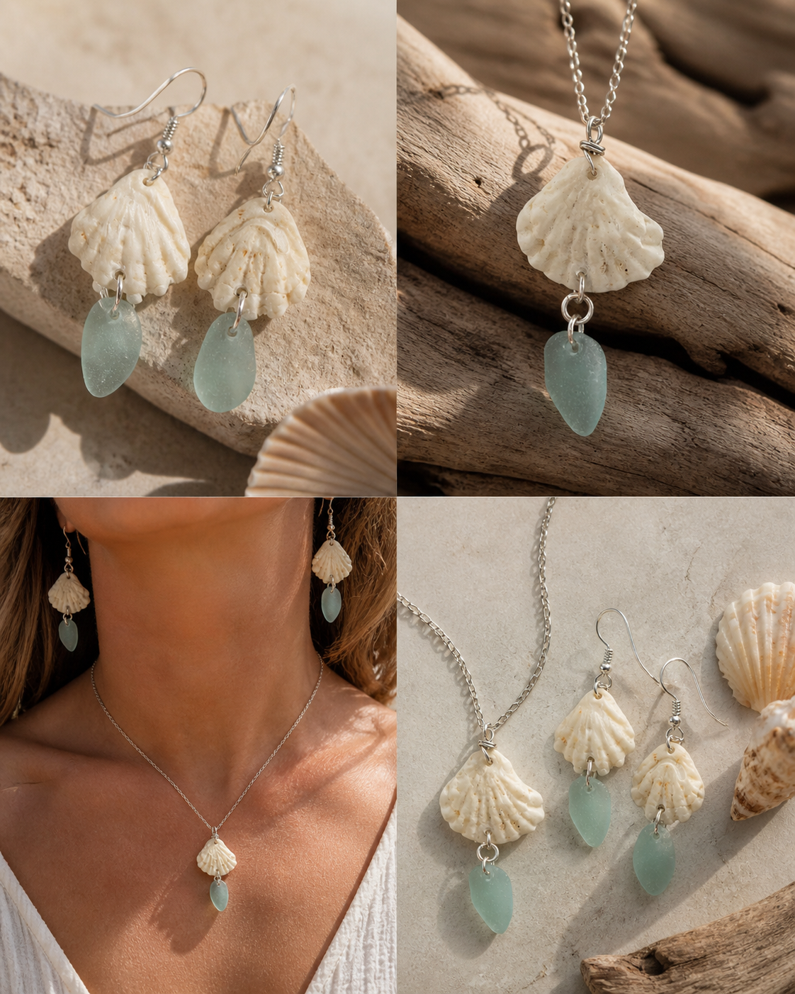 Genuine Sea Glass & Kitten Paw Shell Earrings – Sterling Silver Coastal Beach Jewelry