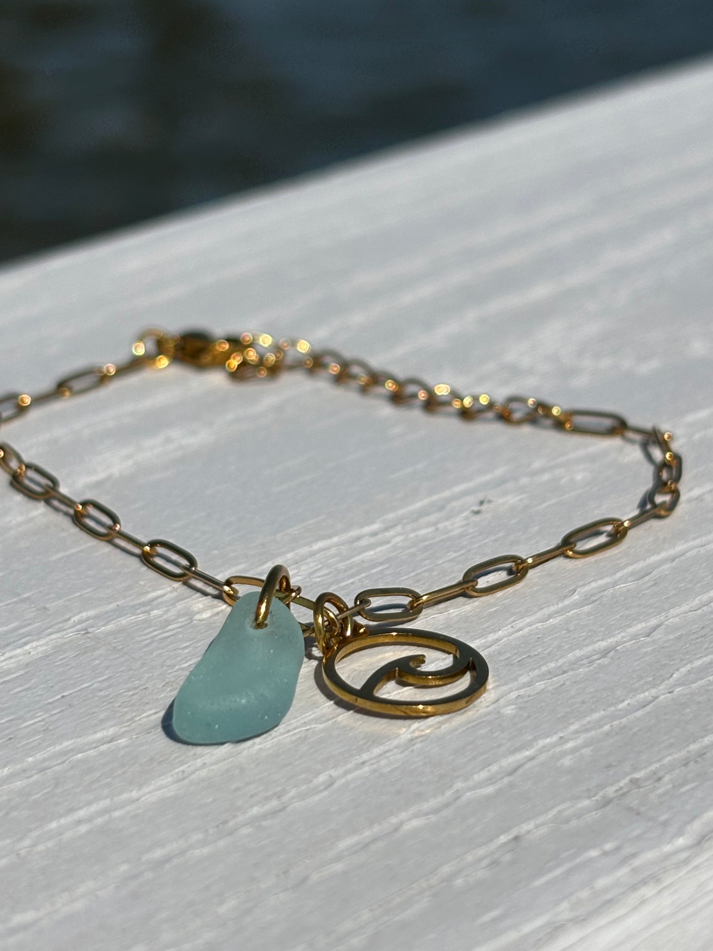 18K Gold PVD Sky Blue Sea Glass & Wave Paperclip Bracelet