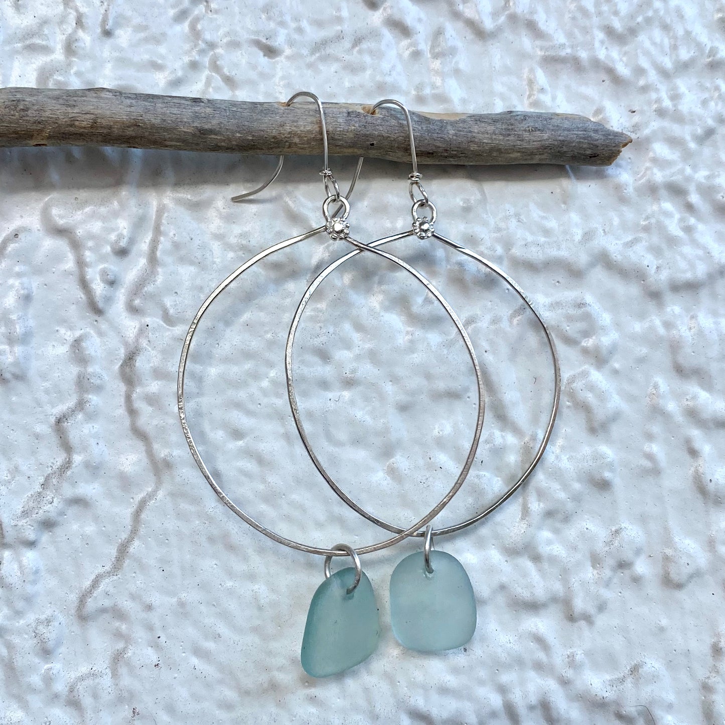 Handmade Sterling Silver Round Sea Glass Dangle Earrings