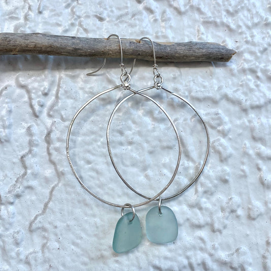 Handmade Sterling Silver Round Sea Glass Dangle Earrings