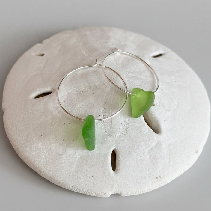 Lime Green Sea Glass Earrings | Hoop Earrings | Sterling Silver