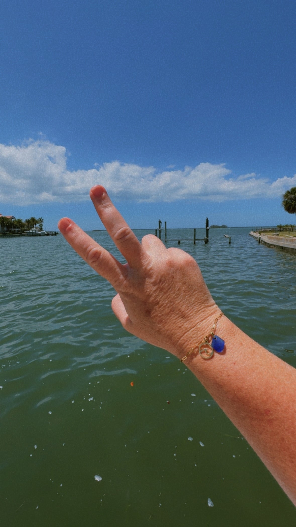 18K Gold PVD cobalt Sea Glass & Wave Paperclip Bracelet