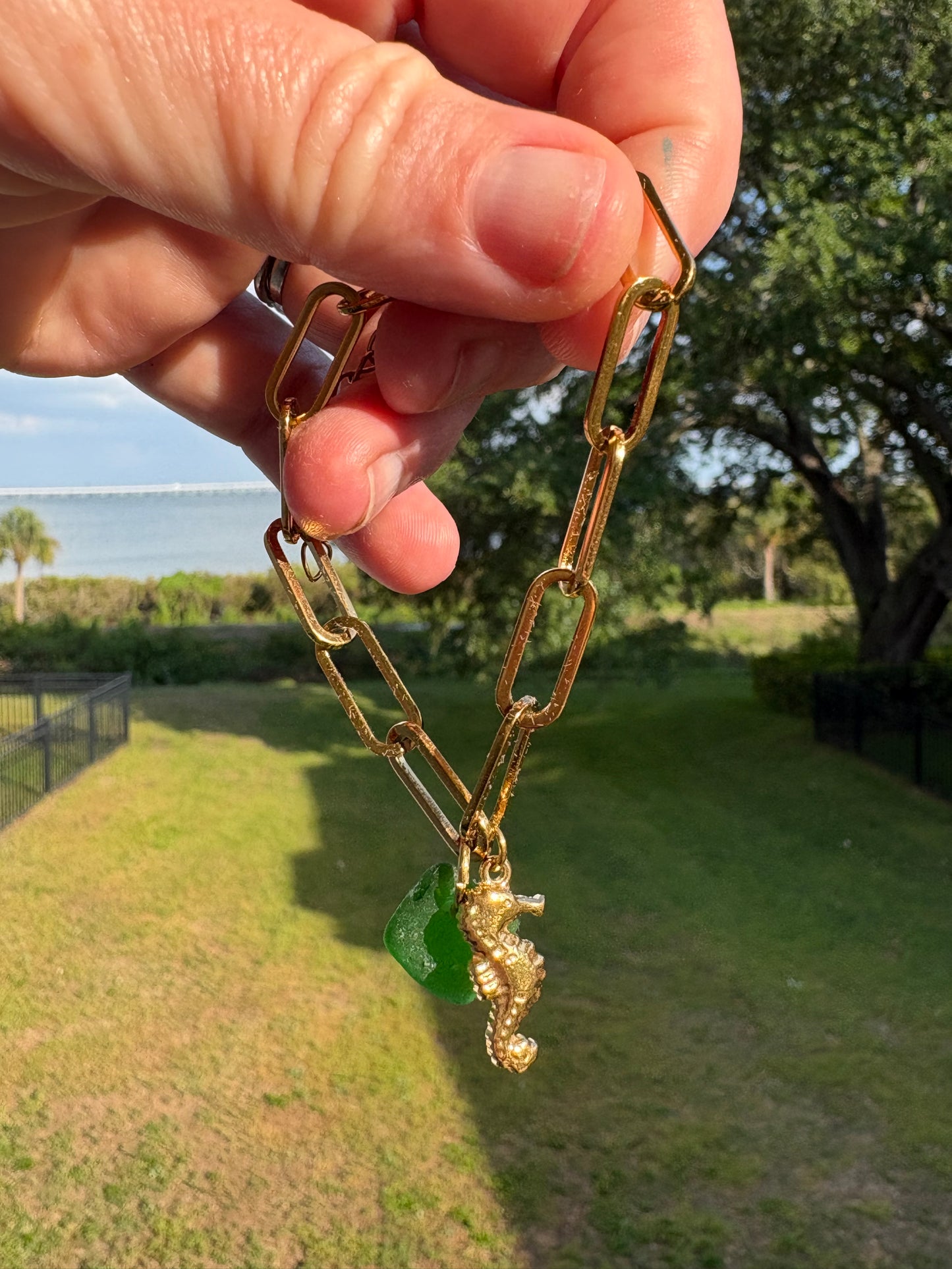 18K Gold PVD Sea Glass & Sea Horse Paperclip Bracelet