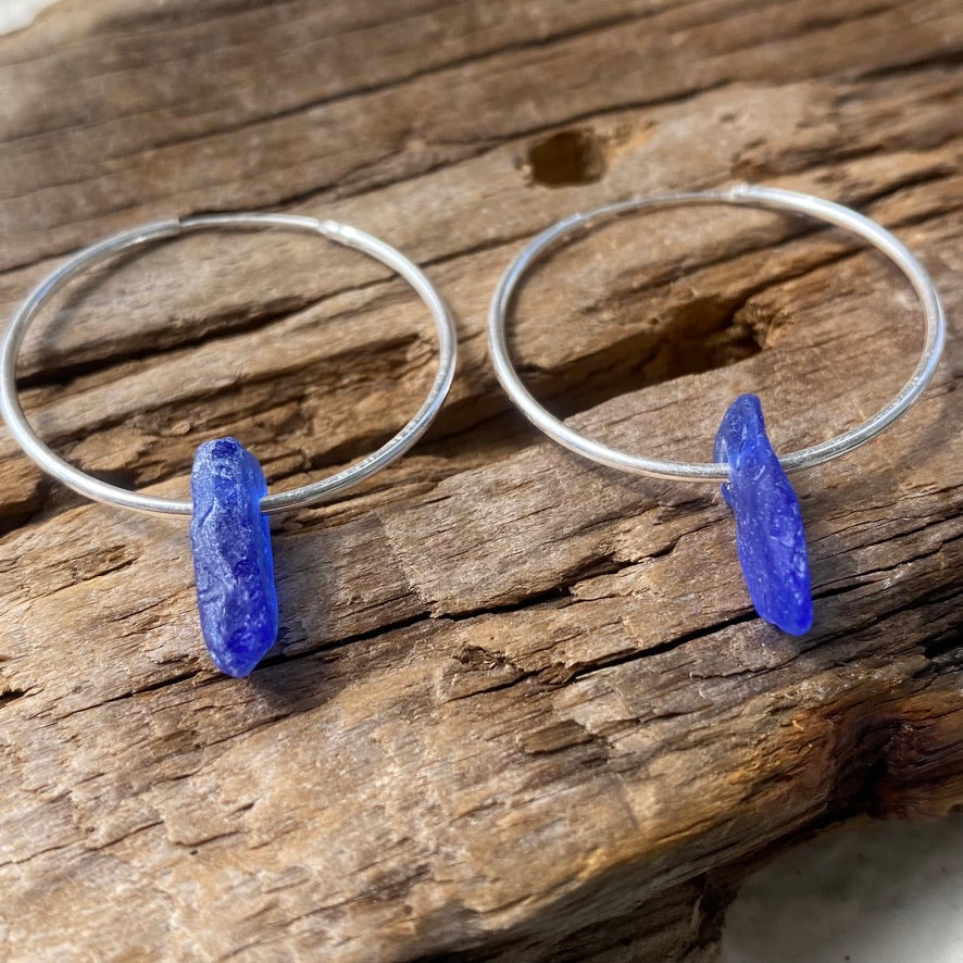 Blue Sea Glass Earrings | Hoop Earrings | Sterling Silver