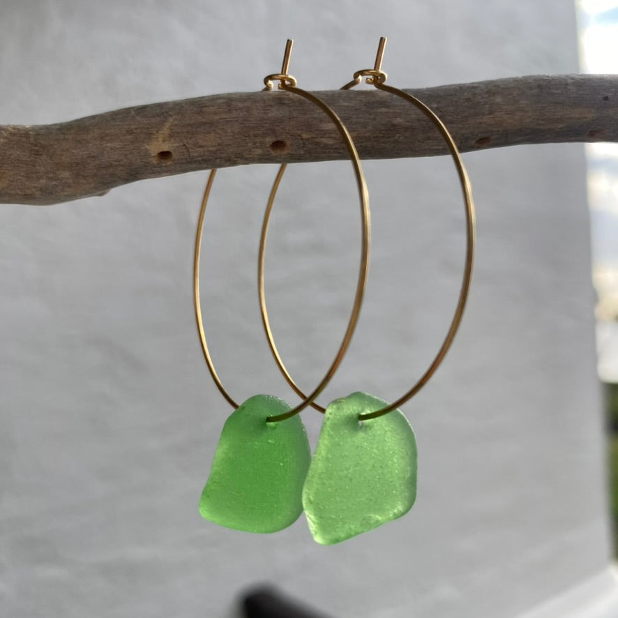 Kelly Green Sea Glass Earrings on Gold PVD Thin Hoops 5