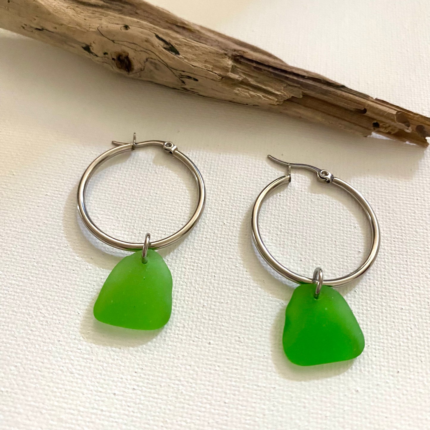 Kelly Green Sea Glass Earrings on Silver Stainless Steel Hoops