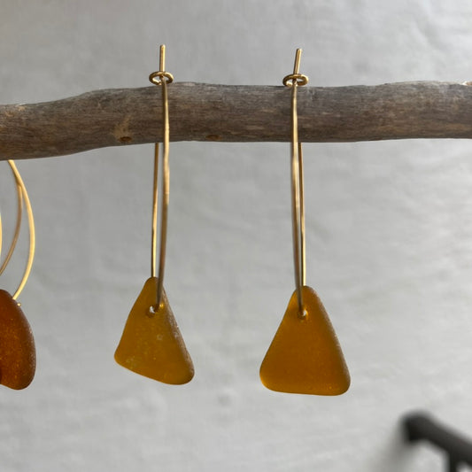 Brown Triangle Sea Glass Earrings on Gold PVD Thin Hoops