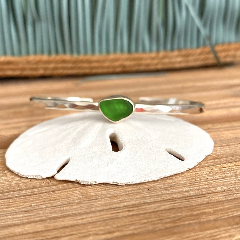 Kelly Green Sea Glass Cuff  Bracelet