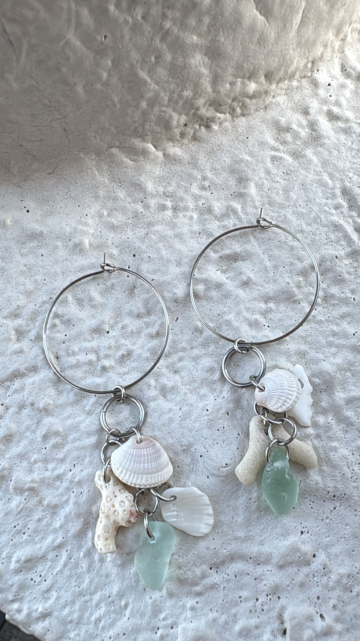 Sea Foam Sea Glass, Shell & Coral Stainless Steel Hoop Earrings