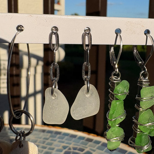 Genuine Clear Sea Glass Drop Earrings – Stainless Steel