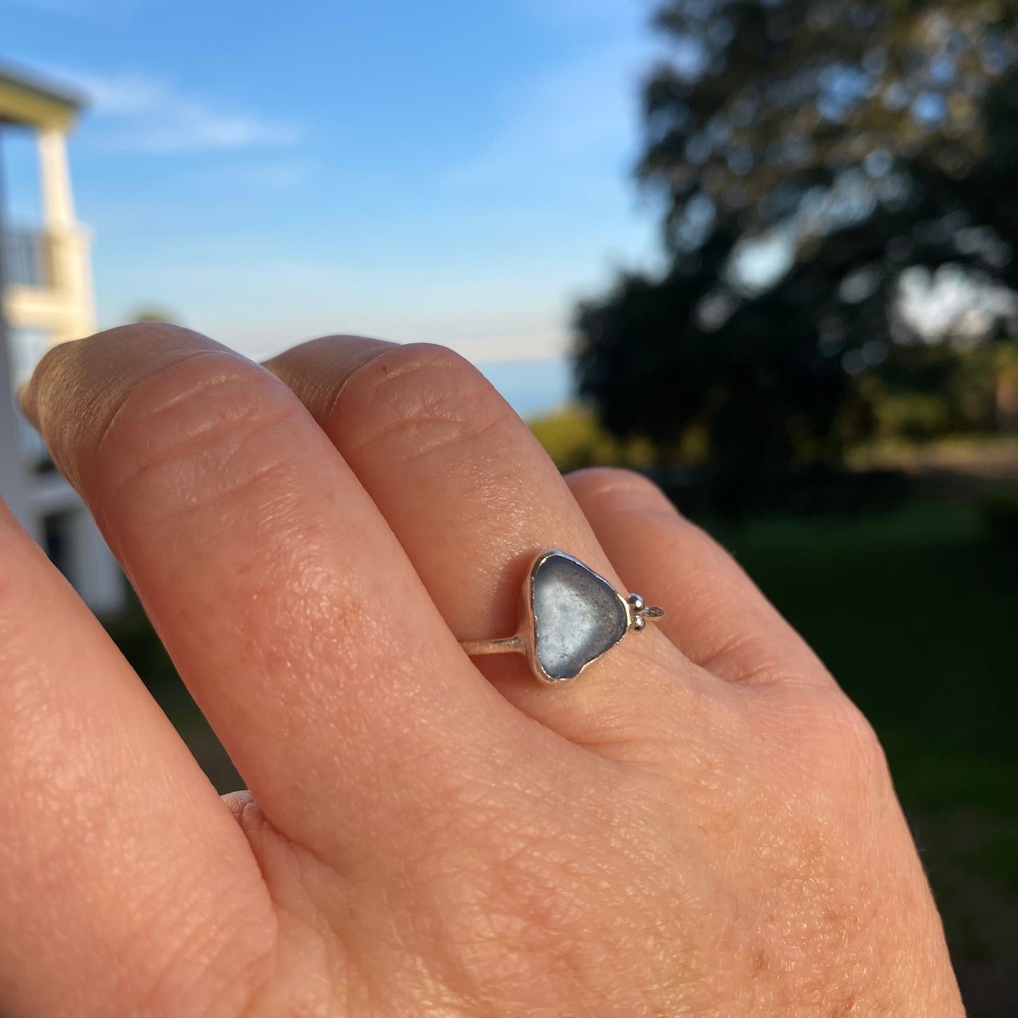 Cornflower Blue Sea Glass Bezel Ring – Sterling Silver (Size 9)