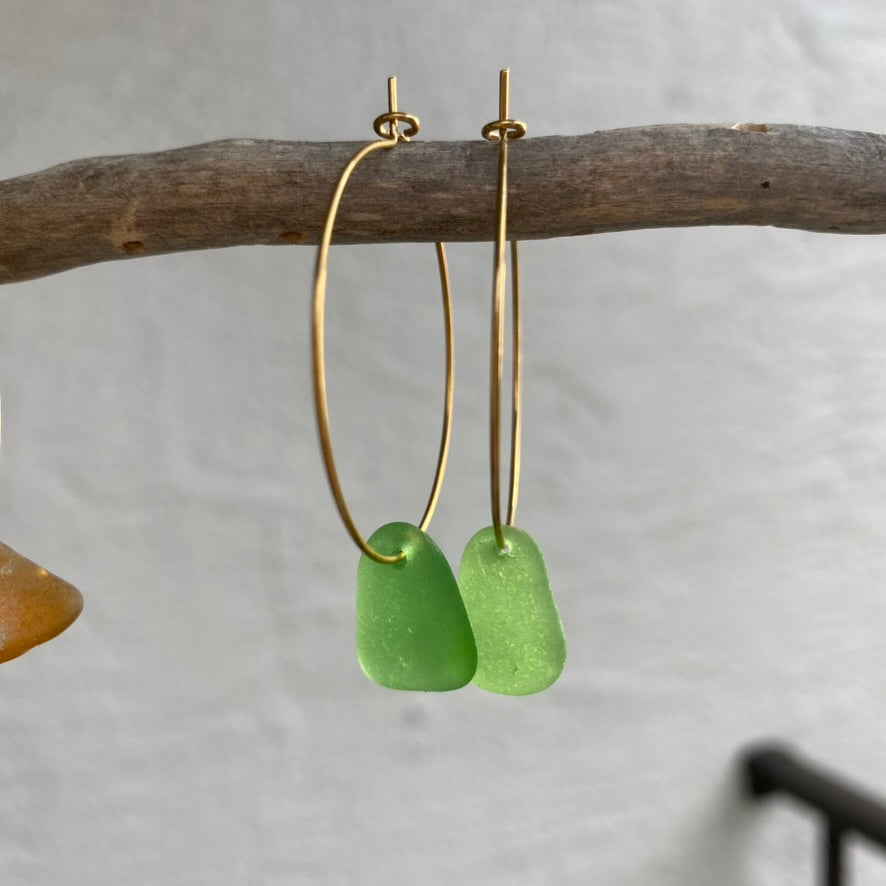 Kelly Green Sea Glass Earrings on Gold PVD Thin Hoops 4
