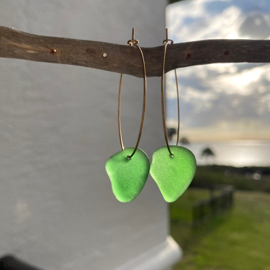 Kelly Green Sea Glass Earrings on Gold PVD Thin Hoops 2