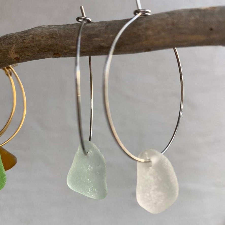Clear & Sea Foam Sea Glass Earrings on Silver Stainless Steel Hoops